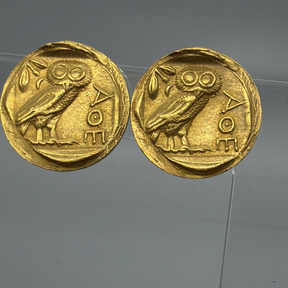 Vintage Greek Revival Owl Coin Clip On Earrings Gold Tone Athens Bird